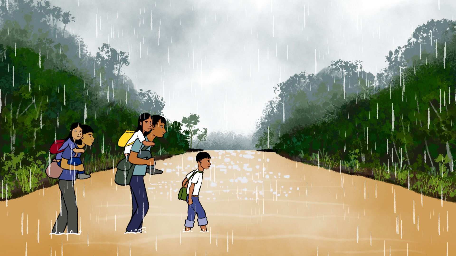  Escape Game Ecuador: Gefährlicher Schulweg - Kinder durchqueren einen Fluss (Illustration)
